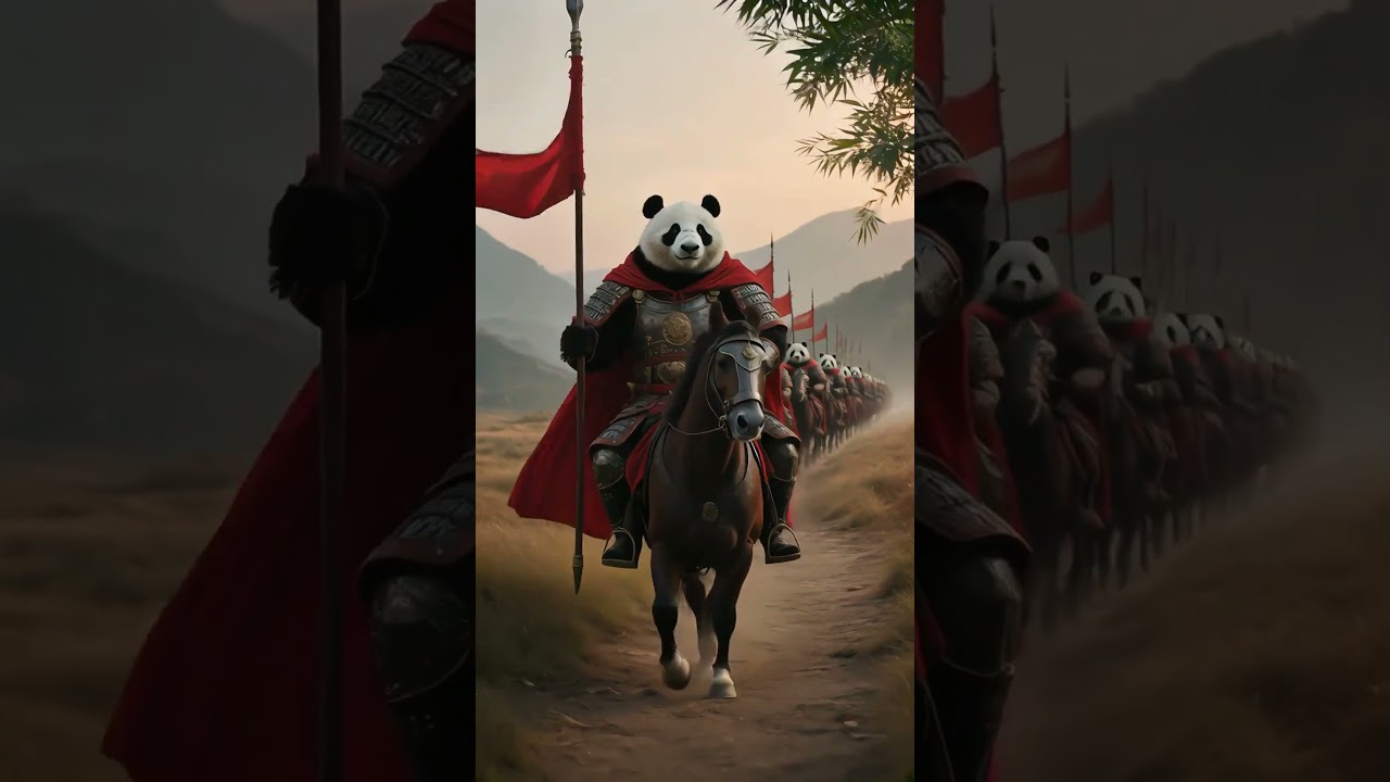 A group of anthropomorphic giant pandas, wearing full sets of ancient Chinese warrior armor.